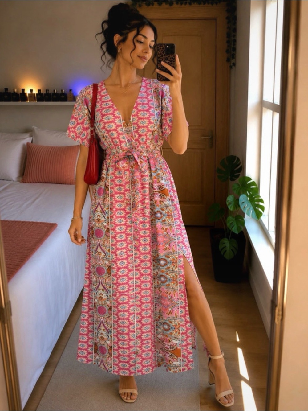 CupShe Boho Pink Floral V-Neck Maxi Dress with Tie Waist Size Small NWT